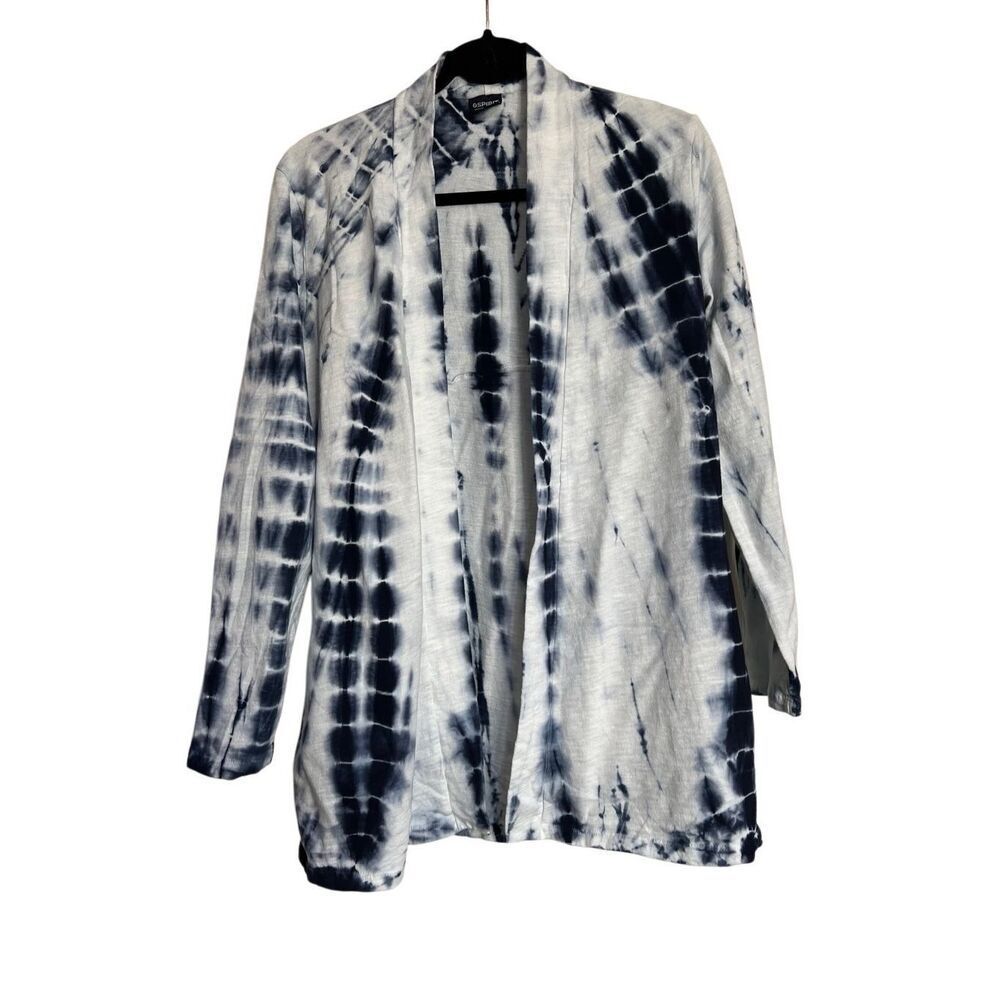 Spirit Jersey Sweater Womens Medium White Blue Cardigan Tie Dye Open Front NWOT